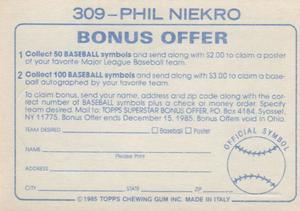 1985 Topps Stickers #309 Phil Niekro Back