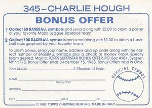 1985 Topps Stickers #345 Charlie Hough Back