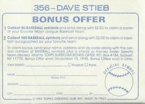 1985 Topps Stickers #356 Dave Stieb Back