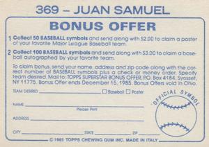 1985 Topps Stickers #369 Juan Samuel Back