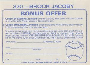 1985 Topps Stickers #370 Brook Jacoby Back