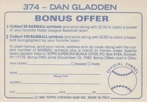1985 Topps Stickers #374 Dan Gladden Back