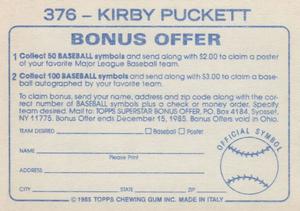 1985 Topps Stickers #376 Kirby Puckett Back