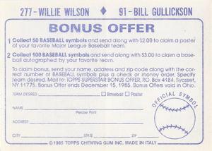 1985 Topps Stickers #91 / 277 Bill Gullickson / Willie Wilson Back