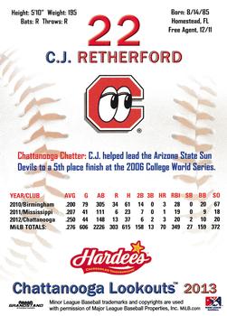 2013 Grandstand Chattanooga Lookouts #NNO C.J. Retherford Back