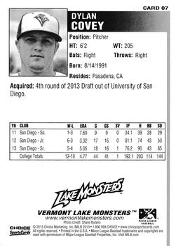 2013 Choice Vermont Lake Monsters #7 Dylan Covey Back
