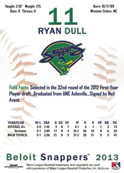 2013 Grandstand Beloit Snappers #NNO Ryan Dull Back