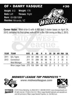 2013 Choice Midwest League Top Prospects #30 Danry Vasquez Back