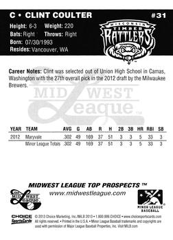 2013 Choice Midwest League Top Prospects #31 Clint Coulter Back