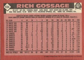 1986 O-Pee-Chee #104 Rich Gossage Back