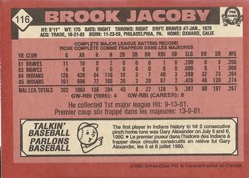 1986 O-Pee-Chee #116 Brook Jacoby Back