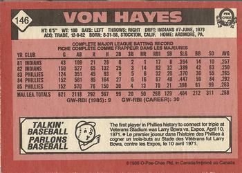 1986 O-Pee-Chee #146 Von Hayes Back
