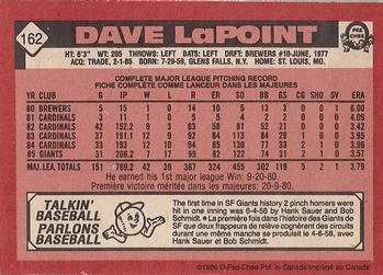 1986 O-Pee-Chee #162 Dave LaPoint Back