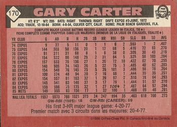 1986 O-Pee-Chee #170 Gary Carter Back