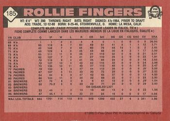 1986 O-Pee-Chee #185 Rollie Fingers Back