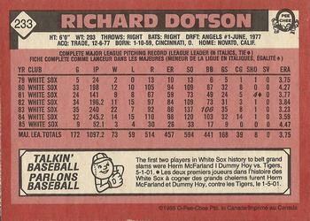 1986 O-Pee-Chee #233 Richard Dotson Back