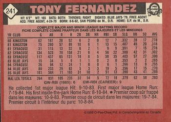 1986 O-Pee-Chee #241 Tony Fernandez Back