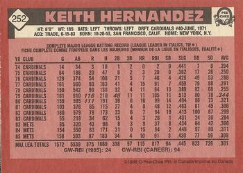 1986 O-Pee-Chee #252 Keith Hernandez Back