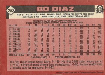 1986 O-Pee-Chee #253 Bo Diaz Back
