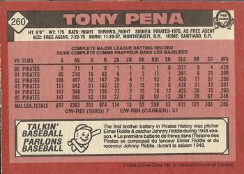 1986 O-Pee-Chee #260 Tony Pena Back