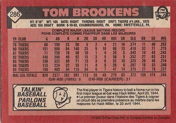 1986 O-Pee-Chee #286 Tom Brookens Back