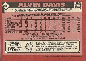 1986 O-Pee-Chee #309 Alvin Davis Back