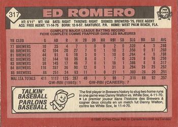 1986 O-Pee-Chee #317 Ed Romero Back