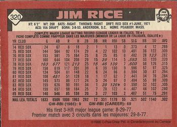 1986 O-Pee-Chee #320 Jim Rice Back