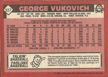 1986 O-Pee-Chee #337 George Vukovich Back