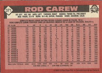 1986 O-Pee-Chee #371 Rod Carew Back