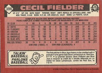 1986 O-Pee-Chee #386 Cecil Fielder Back