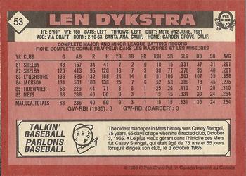 1986 O-Pee-Chee #53 Len Dykstra Back