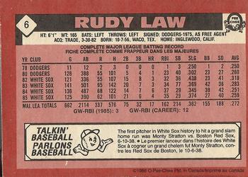1986 O-Pee-Chee #6 Rudy Law Back
