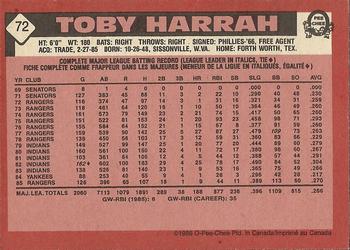 1986 O-Pee-Chee #72 Toby Harrah Back