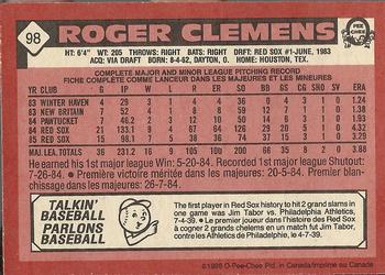 1986 O-Pee-Chee #98 Roger Clemens Back