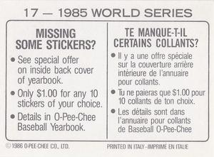 1986 O-Pee-Chee Stickers #17 1985 World Series Back