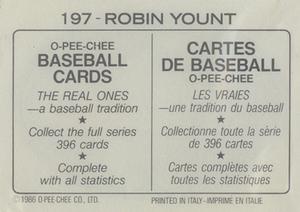 1986 O-Pee-Chee Stickers #197 Robin Yount Back