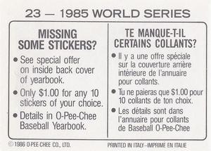 1986 O-Pee-Chee Stickers #23 1985 World Series Back
