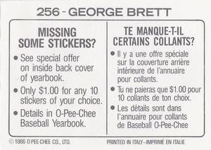 1986 O-Pee-Chee Stickers #256 George Brett Back