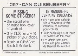 1986 O-Pee-Chee Stickers #257 Dan Quisenberry Back