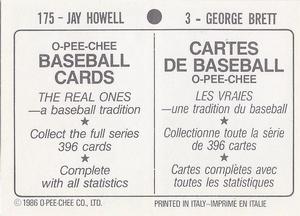 1986 O-Pee-Chee Stickers #3 / 175 George Brett / Jay Howell Back