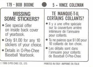 1986 O-Pee-Chee Stickers #5 / 179 Vince Coleman / Bob Boone Back