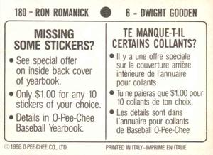 1986 O-Pee-Chee Stickers #6 / 180 Dwight Gooden / Ron Romanick Back