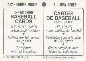 1986 O-Pee-Chee Stickers #8 / 182 Tony Perez / Donnie Moore Back