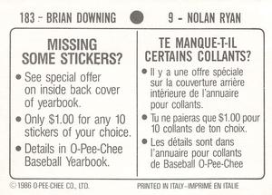 1986 O-Pee-Chee Stickers #9 / 183 Nolan Ryan / Brian Downing Back
