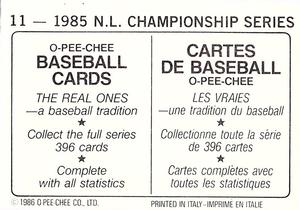 1986 O-Pee-Chee Stickers #11 1985 N.L. Championship Series Back