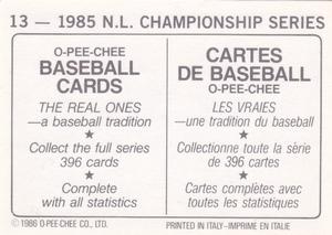 1986 O-Pee-Chee Stickers #13 1985 N.L. Championship Series Back