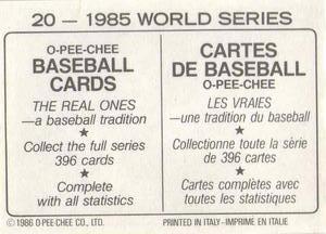1986 O-Pee-Chee Stickers #20 1985 World Series Back