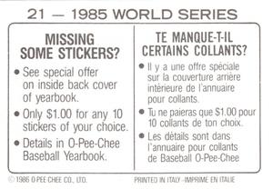 1986 O-Pee-Chee Stickers #21 1985 World Series Back