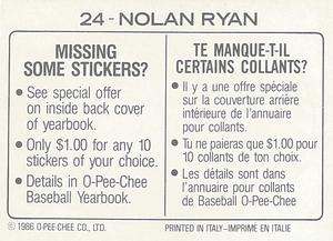 1986 O-Pee-Chee Stickers #24 Nolan Ryan Back